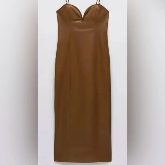ZARA CARAMEL FAUX LEATHER Dress NWT - Picture 3 of 3